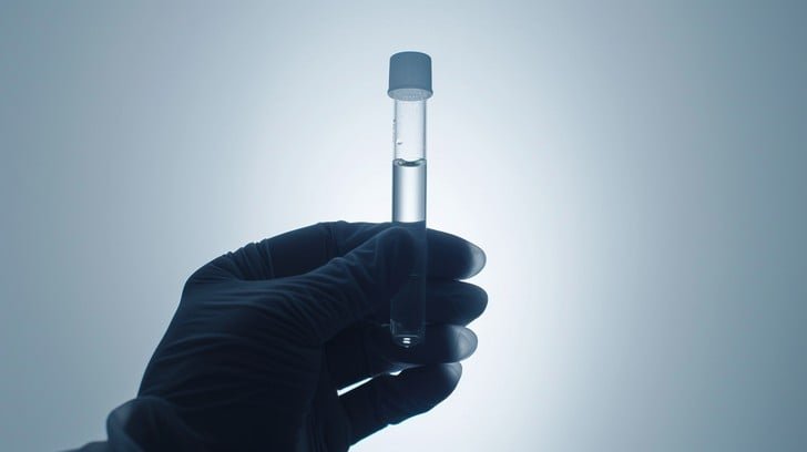 photorealistic, a gloved hand holding a glass steroid vial up to the light, clean laboratory background, concept of purity and quality control, professional, trustworthy